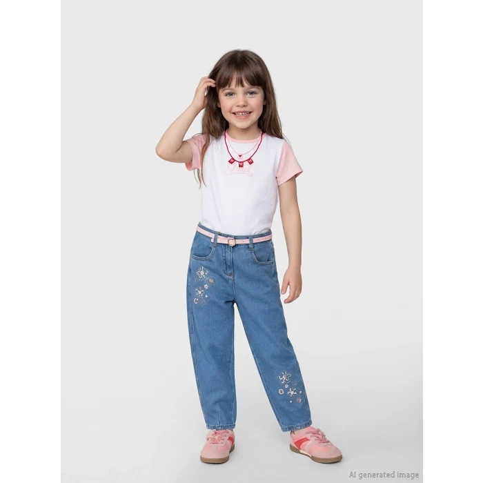 LCW Kids Mavi Balloon Fit Çiçek Nakışlı Kız Çocuk Jean Pantolon
