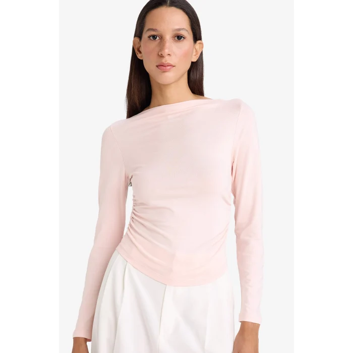 Defacto F9029AXPN447 Pembe Slım Fıt Kayık Yaka Uzun Kollu Tişört