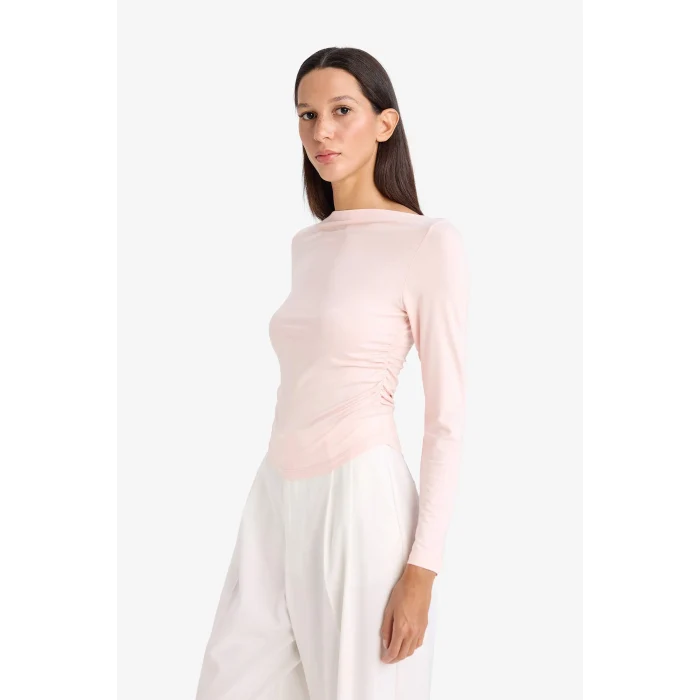 Defacto F9029AXPN447 Pembe Slım Fıt Kayık Yaka Uzun Kollu Tişört