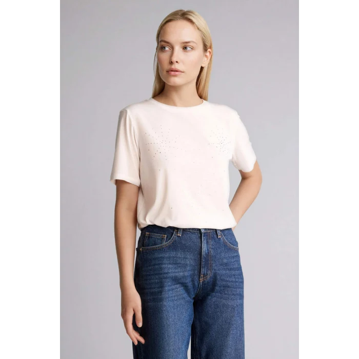 Defacto H1457AXER105 Ekru Regular Fıt Bisiklet Yaka Kısa Kollu Tişört