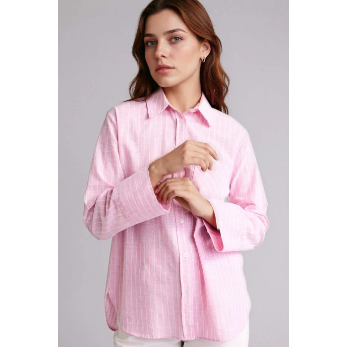 Defacto F6314AXPN623 Pembe Relax Fıt Çizgili Flamlı Pamuk Tunik