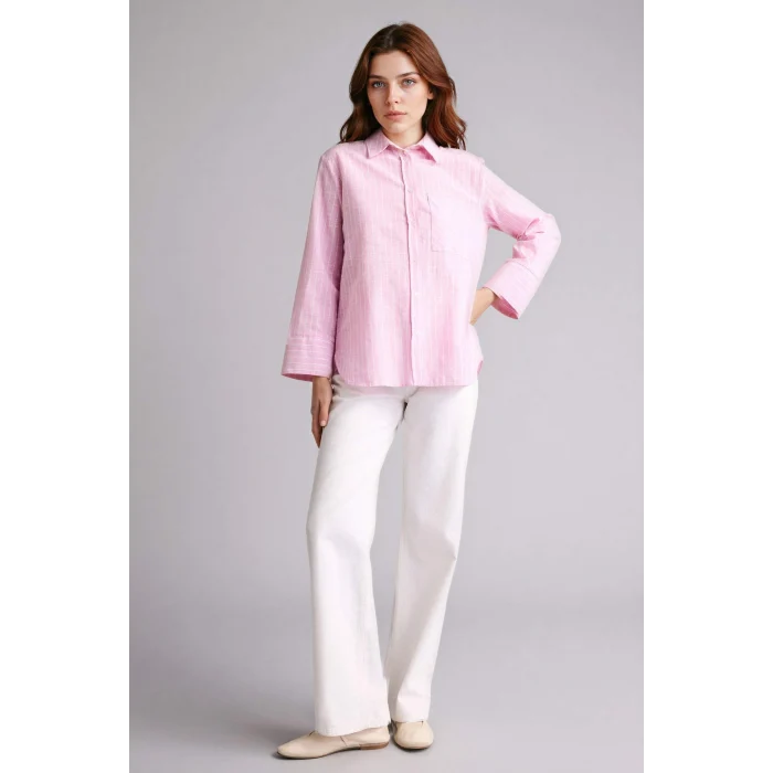 Defacto F6314AXPN623 Pembe Relax Fıt Çizgili Flamlı Pamuk Tunik