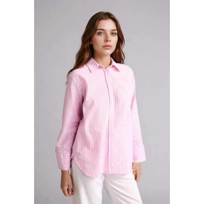 Defacto F6314AXPN623 Pembe Relax Fıt Çizgili Flamlı Pamuk Tunik