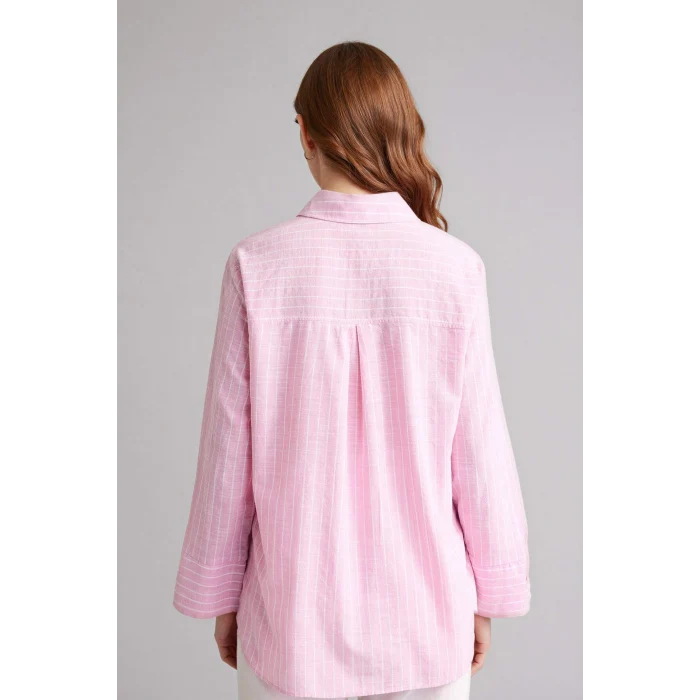 Defacto F6314AXPN623 Pembe Relax Fıt Çizgili Flamlı Pamuk Tunik