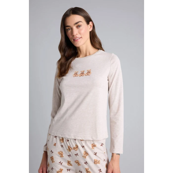 Defacto G7964AXBG588 Bej Ayıcıklı Pijama Takımı