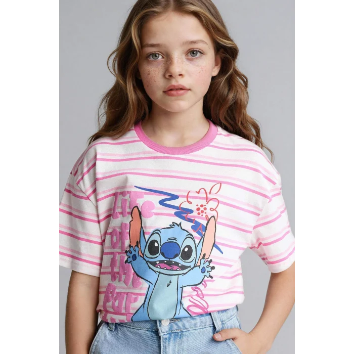 Defacto G8190A8ER105 Ekru Dısney Lılo & Stıtch Oversıze Tişört Kız Çocuk