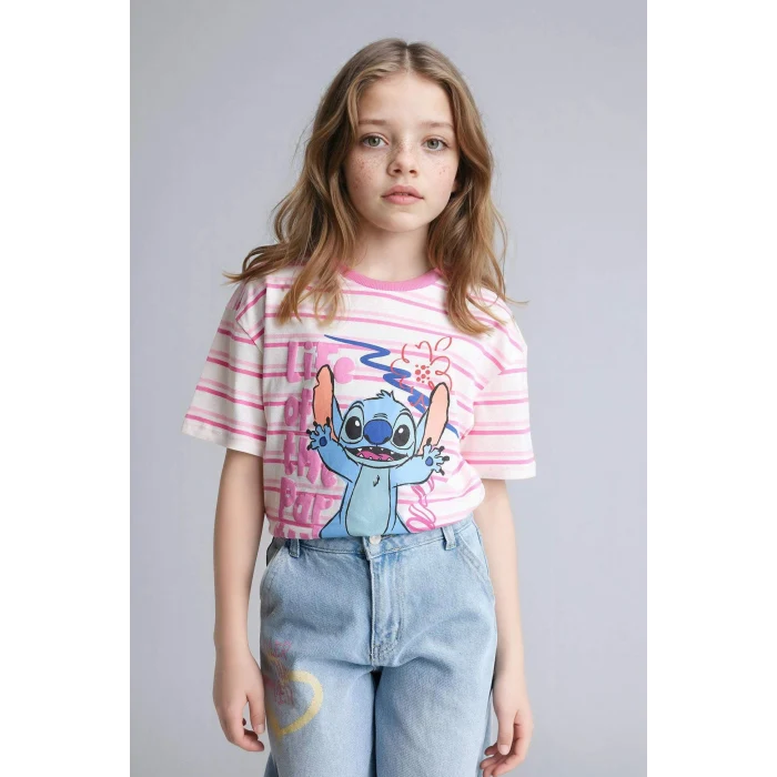 Defacto G8190A8ER105 Ekru Dısney Lılo & Stıtch Oversıze Tişört Kız Çocuk