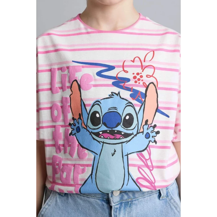 Defacto G8190A8ER105 Ekru Dısney Lılo & Stıtch Oversıze Tişört Kız Çocuk