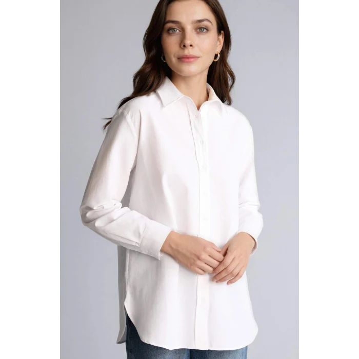 Defacto D7341AXWT32 Beyaz Relax Fıt Gömlek Yaka Poplin Uzun Kollu Tunik