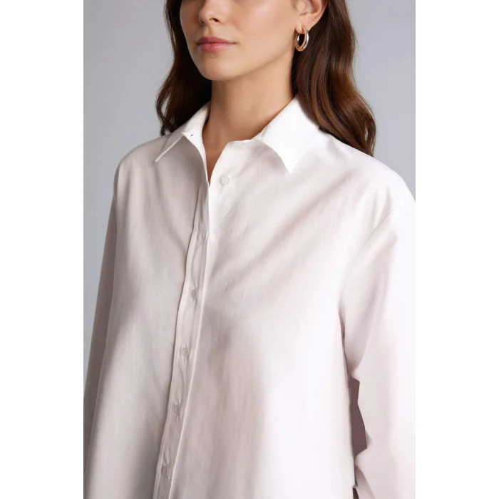 Defacto D7341AXWT32 Beyaz Relax Fıt Gömlek Yaka Poplin Uzun Kollu Tunik