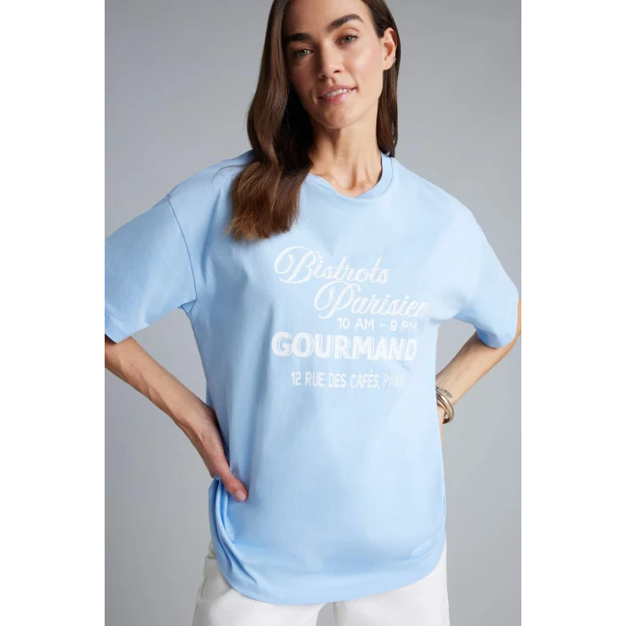 Defacto H2360AXBE791 Mavi Oversıze Baskılı Tişört