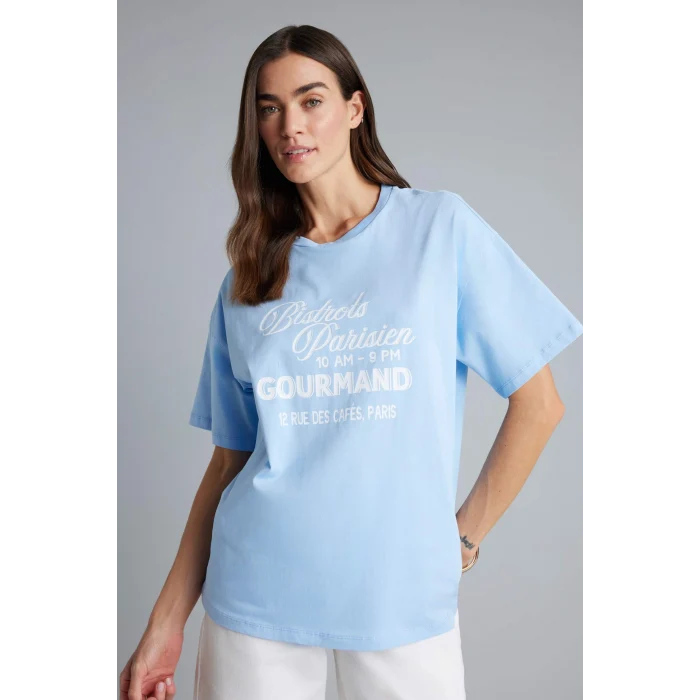 Defacto H2360AXBE791 Mavi Oversıze Baskılı Tişört