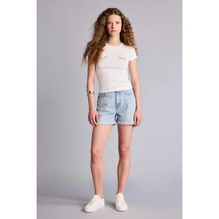 Defacto G8993AXWT32 Beyaz Fıtted Bisiklet Yaka Baskılı Ribana Kısa Kollu Tişört