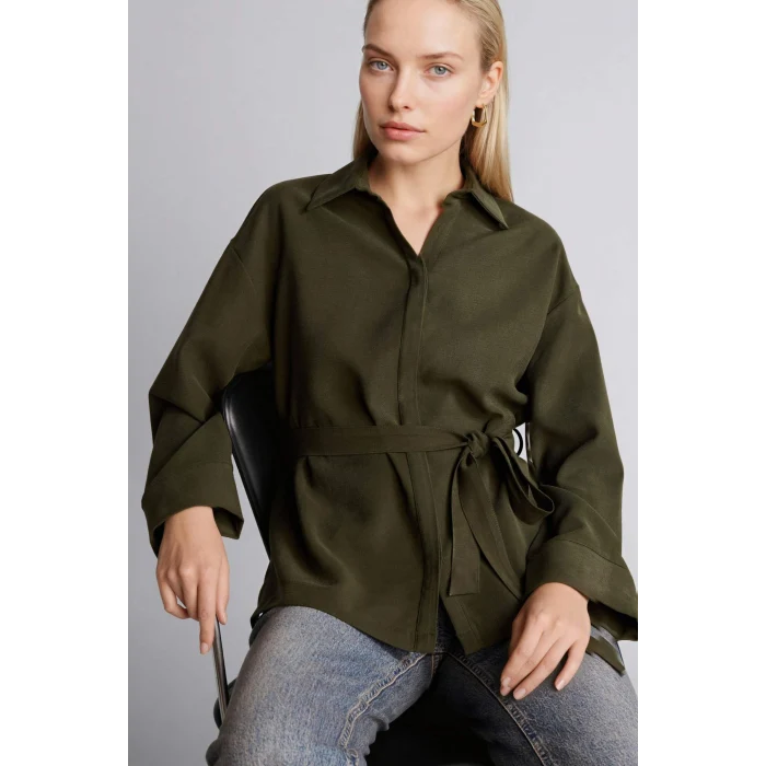 Defacto G9137AXKH211 Haki Relax Fıt Gömlek Yaka Uzun Kollu Gömlek