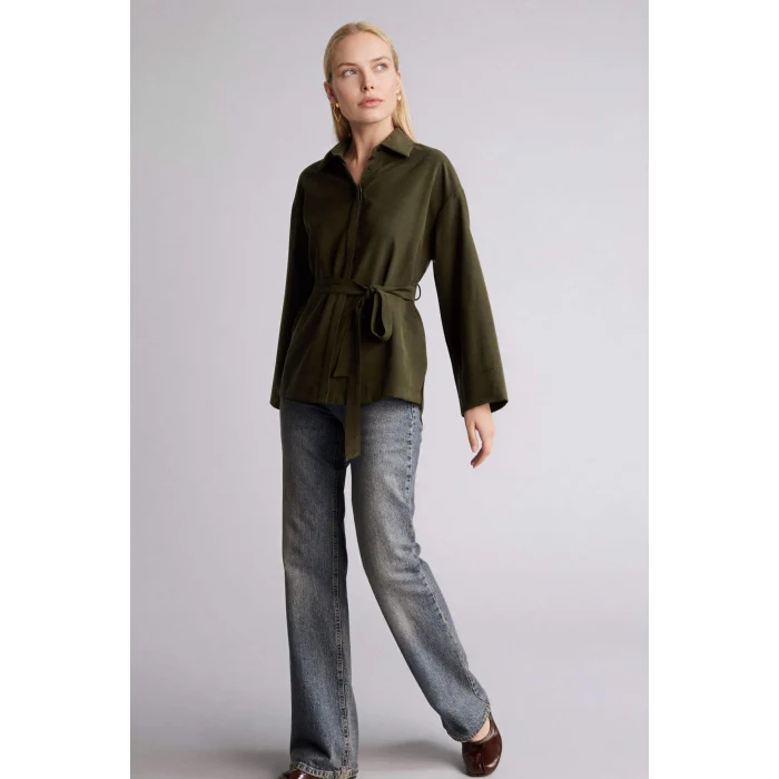 Defacto G9137AXKH211 Haki Relax Fıt Gömlek Yaka Uzun Kollu Gömlek