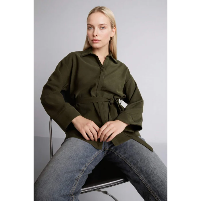 Defacto G9137AXKH211 Haki Relax Fıt Gömlek Yaka Uzun Kollu Gömlek