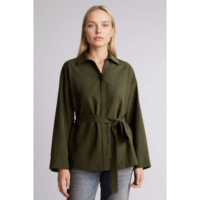 Defacto G9137AXKH211 Haki Relax Fıt Gömlek Yaka Uzun Kollu Gömlek