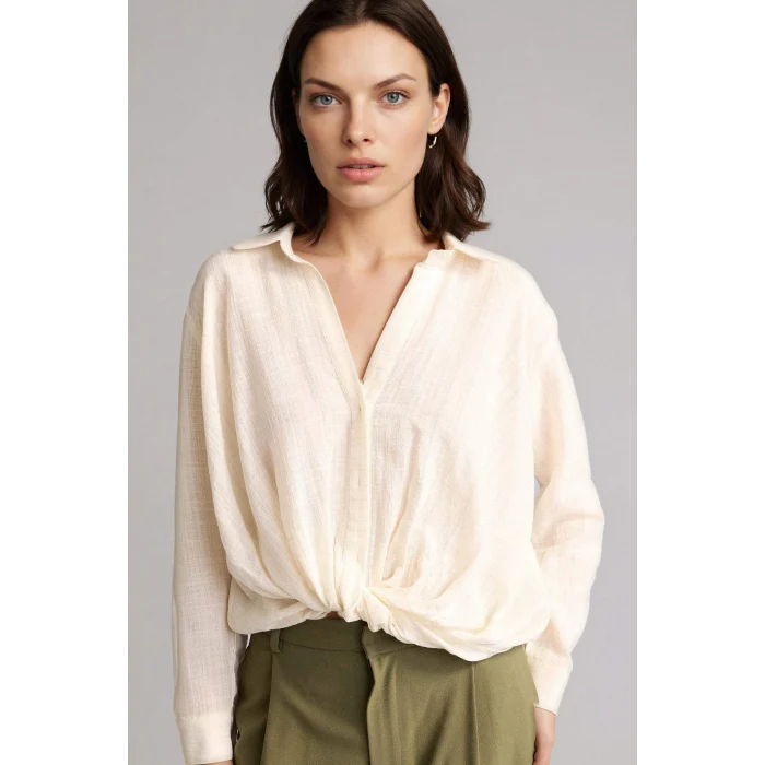 Defacto H0348AXER105 Ekru Regular Fıt Gömlek Yaka Çizgili Simli Kumaş Uzun Kollu Gömlek