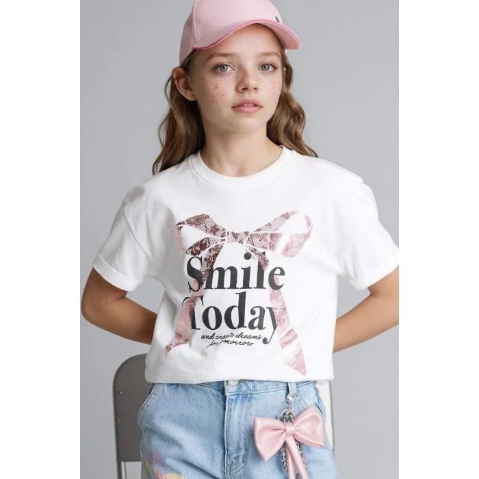 Defacto G1768A8ER85 Ekru Baskılı Tişört Kız Çocuk