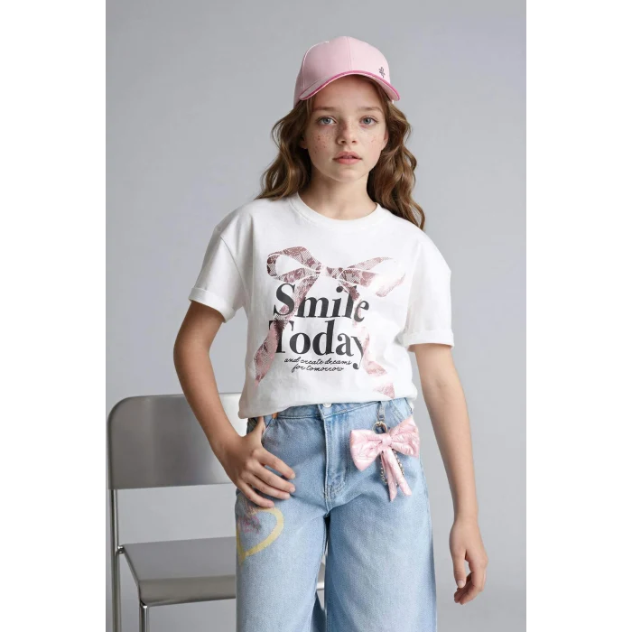 Defacto G1768A8ER85 Ekru Baskılı Tişört Kız Çocuk