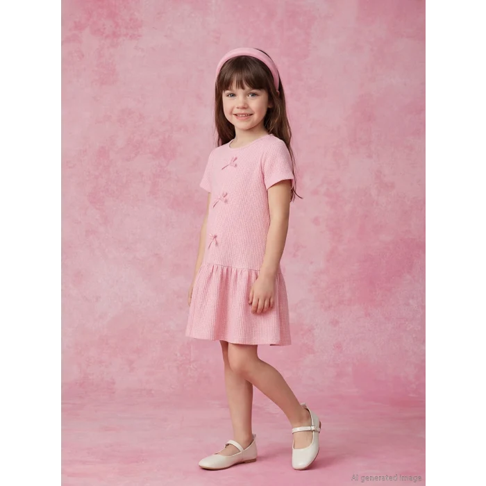 LCW Kids Pembe Bisiklet Yaka Fiyonk Detaylı Kız Çocuk Elbise