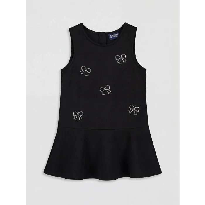 LCW Kids Siyah Bisiklet Yaka Fiyonk Detaylı Kız Çocuk Elbise