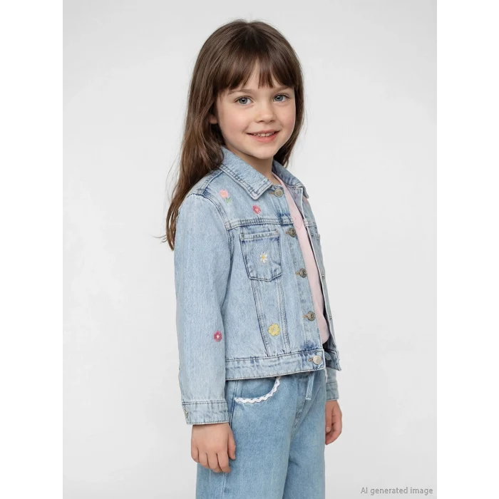 LCW Kids Mavi Gömlek Yaka Çiçekli Kız Çocuk Jean Ceket