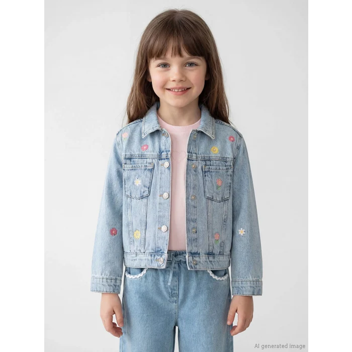 LCW Kids Mavi Gömlek Yaka Çiçekli Kız Çocuk Jean Ceket