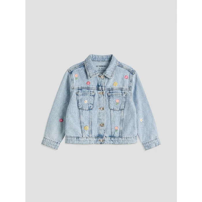 LCW Kids Mavi Gömlek Yaka Çiçekli Kız Çocuk Jean Ceket