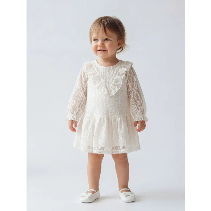 LCW baby Ekru Bebe Yaka Dantelli Kız Bebek Elbise