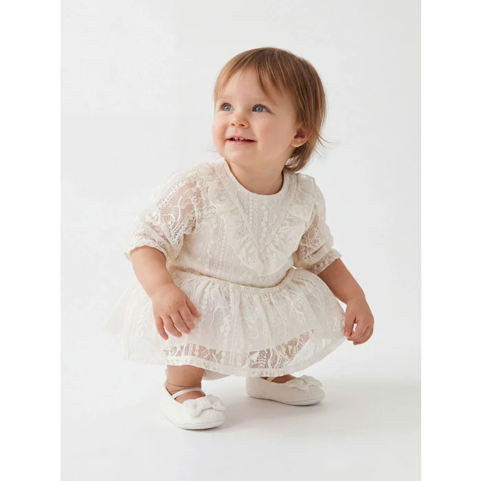 LCW baby Ekru Bebe Yaka Dantelli Kız Bebek Elbise