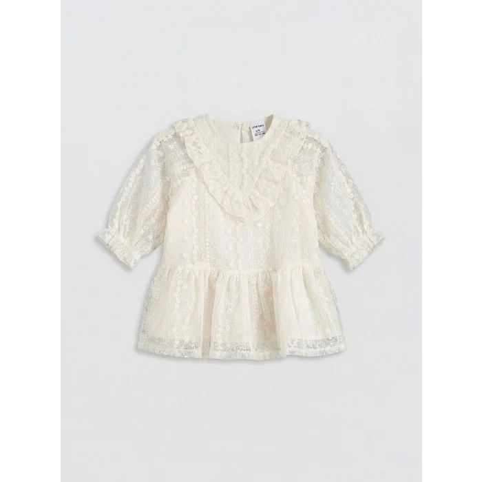 LCW baby Ekru Bebe Yaka Dantelli Kız Bebek Elbise