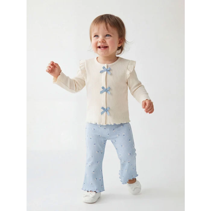 LCW baby Ekru Fiyonklu Kız Bebek Fitilli Tişört ve Tayt