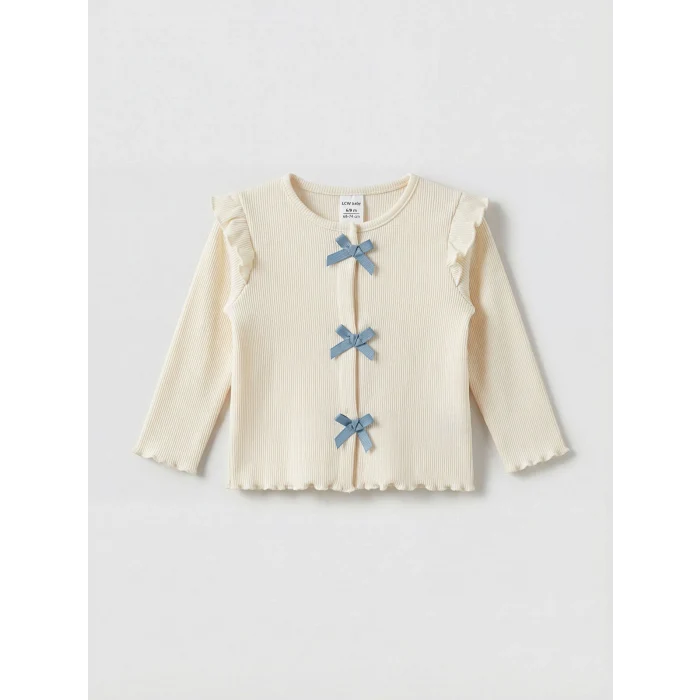 LCW baby Ekru Fiyonklu Kız Bebek Fitilli Tişört ve Tayt