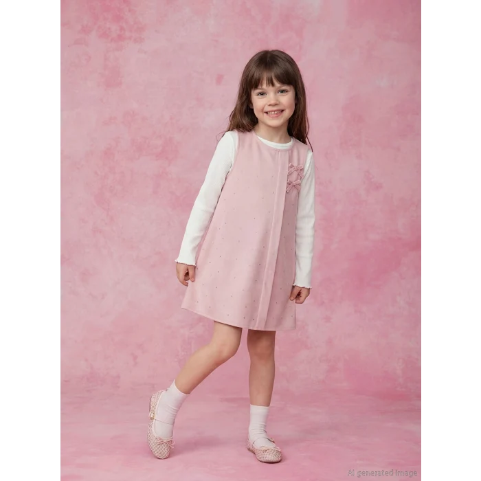 LCW Kids Pembe Bisiklet Yaka Kız Çocuk Taşlı Elbise ve Tişört