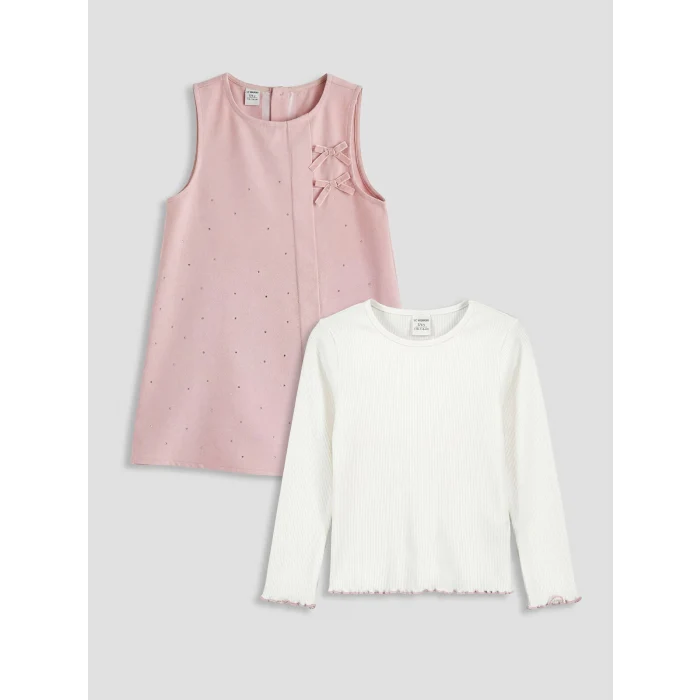 LCW Kids Pembe Bisiklet Yaka Kız Çocuk Taşlı Elbise ve Tişört