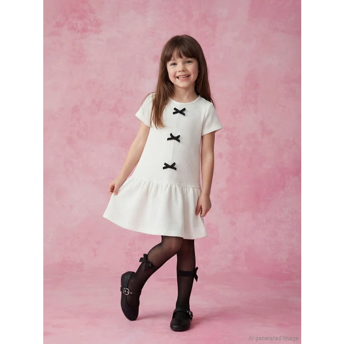 LCW Kids Ekru Bisiklet Yaka Fiyonk Detaylı Kız Çocuk Elbise