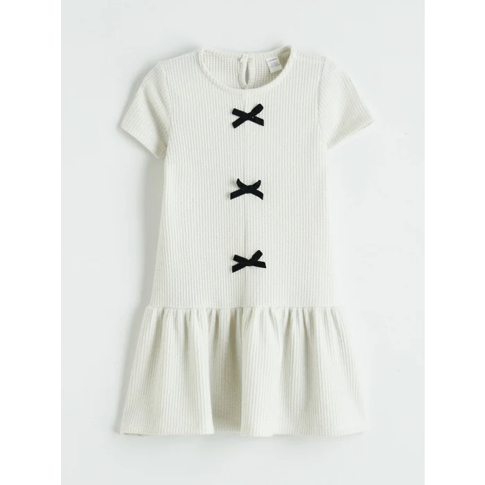 LCW Kids Ekru Bisiklet Yaka Fiyonk Detaylı Kız Çocuk Elbise