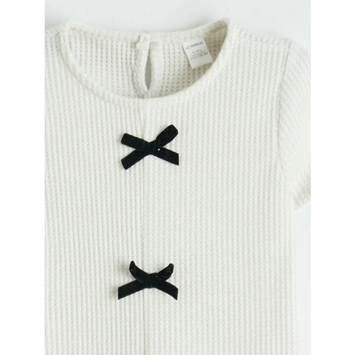 LCW Kids Ekru Bisiklet Yaka Fiyonk Detaylı Kız Çocuk Elbise