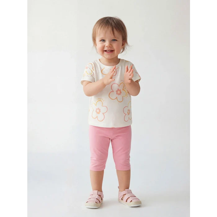 LCW baby Ekru Çiçekli Kız Bebek Tişört ve Tayt