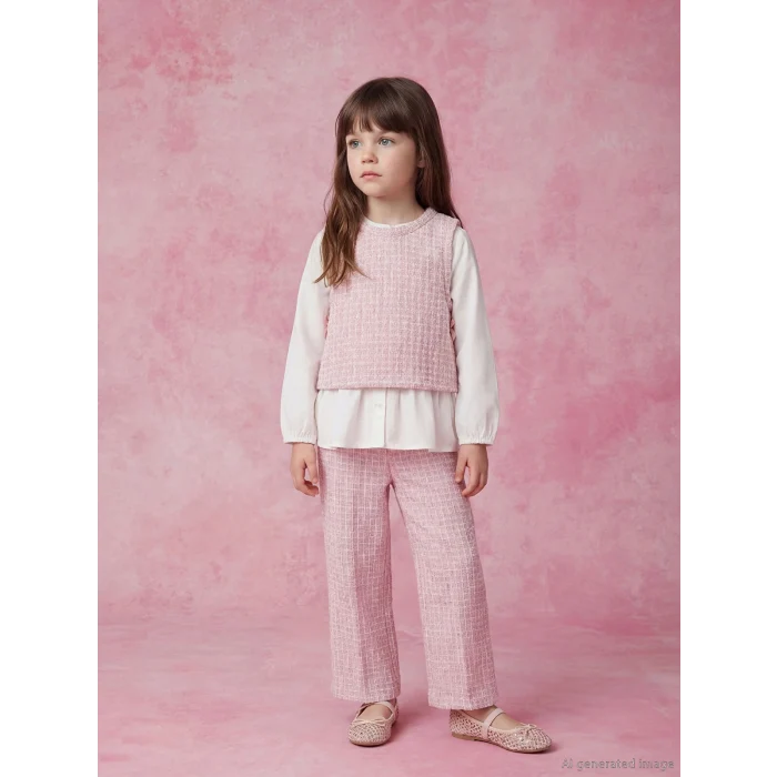 LCW Kids Ekru Bisiklet Yaka Ekose Kız Çocuk Takım