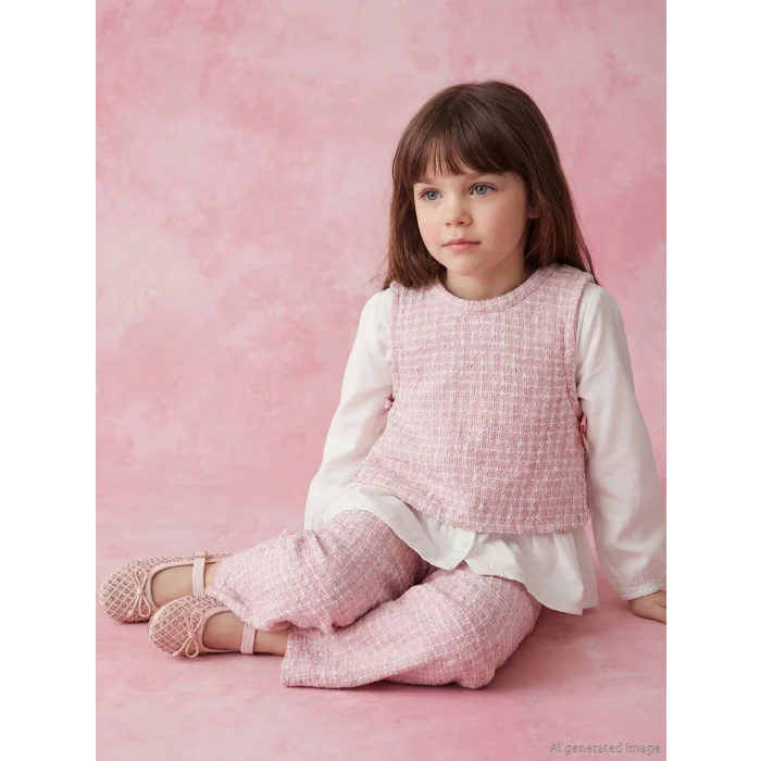 LCW Kids Ekru Bisiklet Yaka Ekose Kız Çocuk Takım