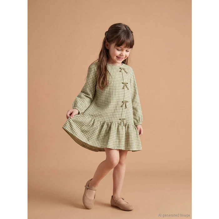 LCW Kids Yeşil Fiyonk Detaylı Kareli Kız Çocuk Elbise
