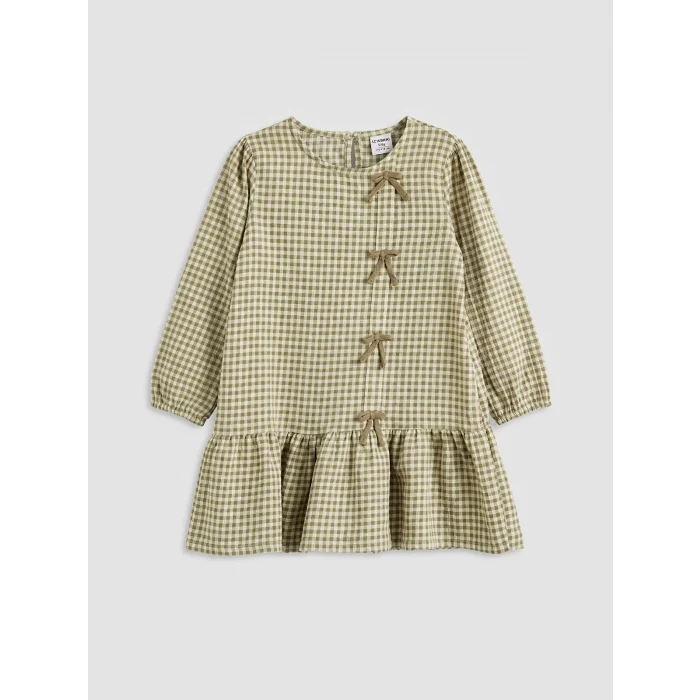 LCW Kids Yeşil Fiyonk Detaylı Kareli Kız Çocuk Elbise
