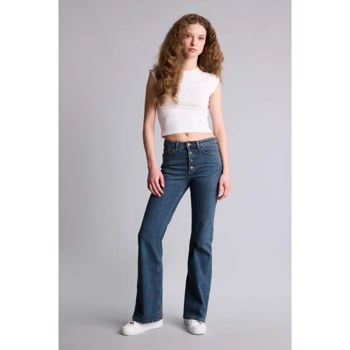 Defacto H1133AXNM34 Mavi Mıa Flare Fıt Normal Bel İspanyol Paça Uzun Jean Pantolon