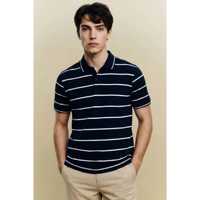 Defacto G2606AXNV64 Lacivert Çizgili Polo Tişört