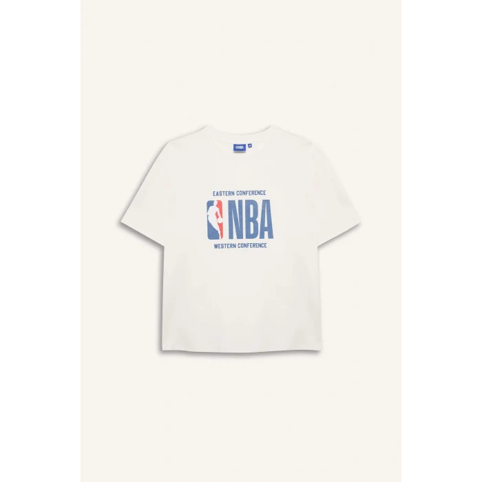 Defacto G0714AXER105 Ekru NBA Wordmark Relax Fıt Kısa Kollu Tişört