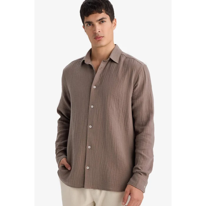 Defacto F9275AXBN534 Kahve Regular Fıt Pamuklu Gömlek