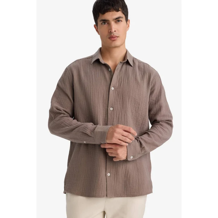 Defacto F9275AXBN534 Kahve Regular Fıt Pamuklu Gömlek