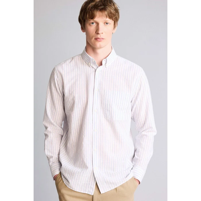 Defacto H3617AXBE177 Mavi Polo Yaka Çizgili Uzun Kollu Gömlek